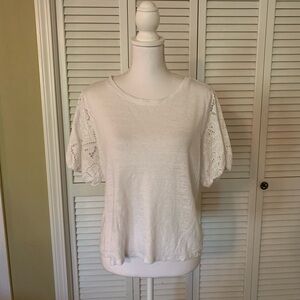 PAIGE White Eyelet Sleeve Linen Top with Cotton Sleeves Size S